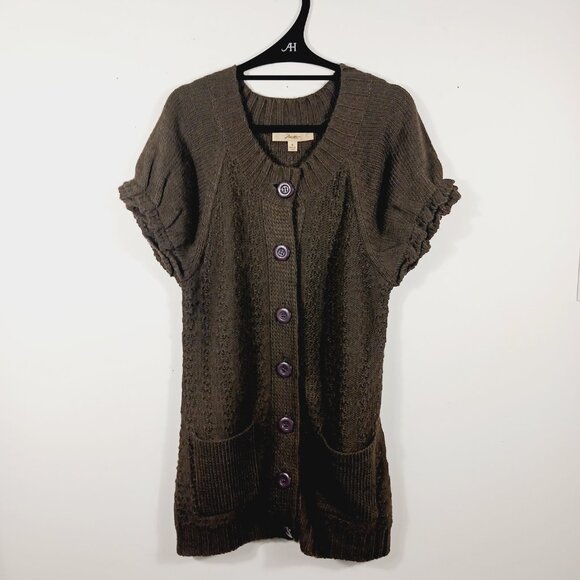 Motto, Deep Brown Long Cardigan, Short Puffy Sleeves W/ Ruffle,  Size Medium - Picture 4 of 13